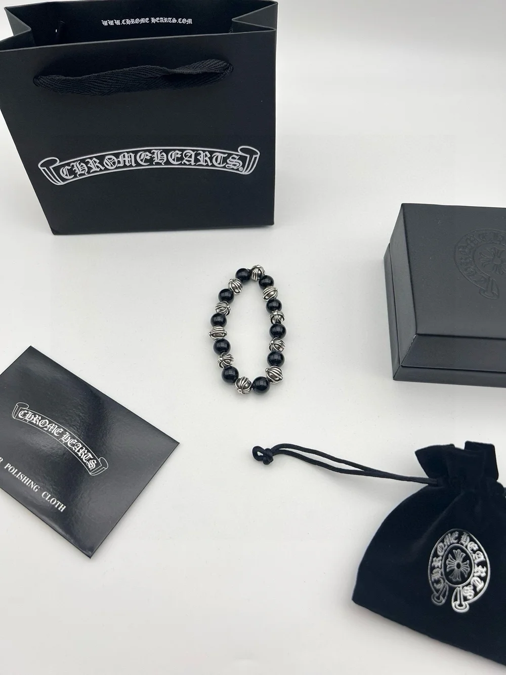 Chrome Hearts Men's Black Beaded Bracelet with Silver Accents
